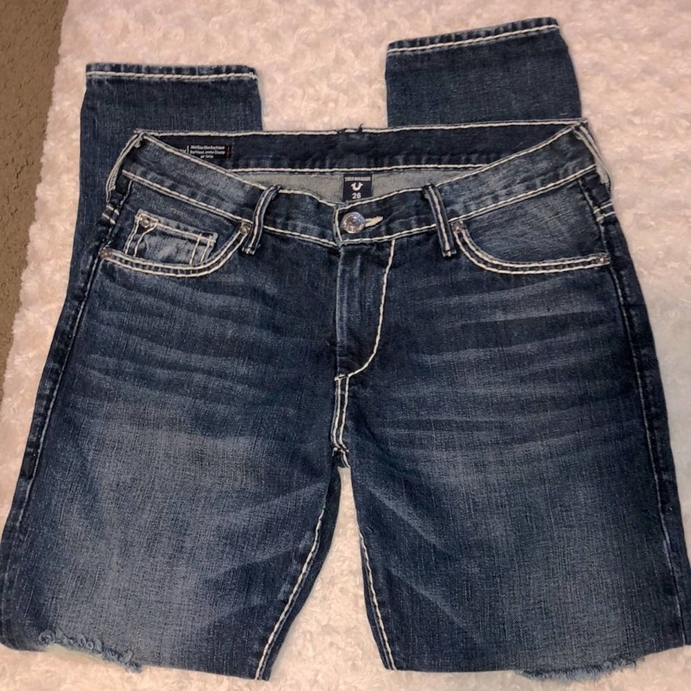 True Religion Audrey Distressed Mid Rise Slim Boyfriend Jean Denim Women size 26